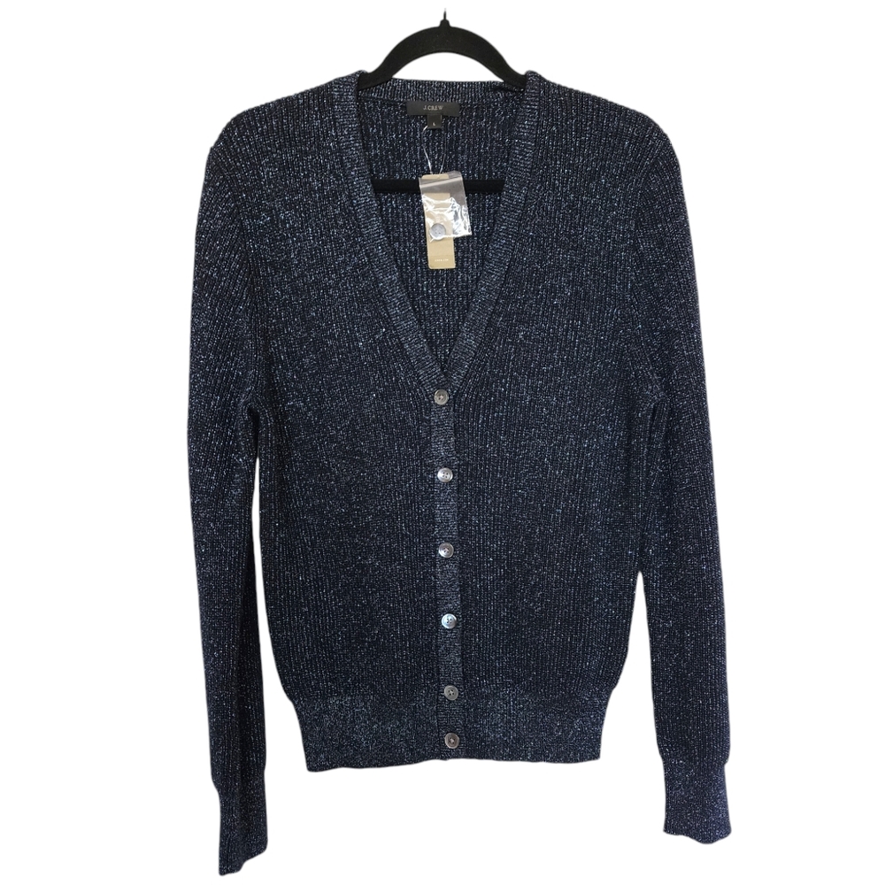 NWT J. Crew Button-Up Cardigan, Midnight Blue with Metallic Threads, Large